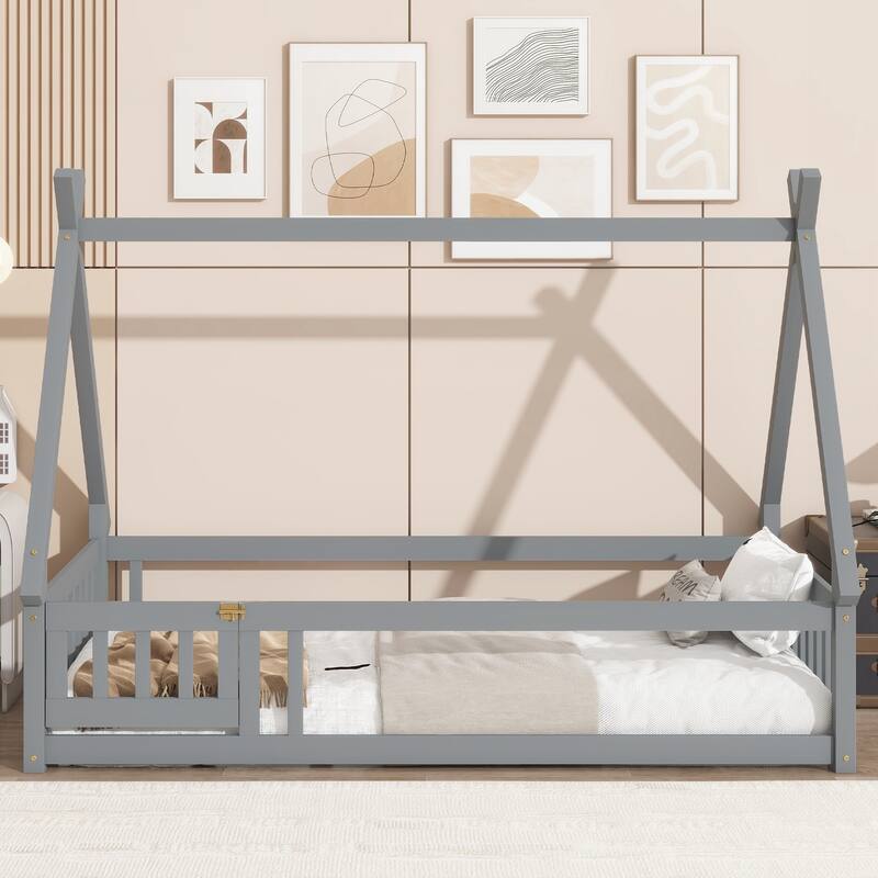 Twin Tent-shaped Floor Bed,Teepee Bed with Guardrails,Slats and Door - Grey
