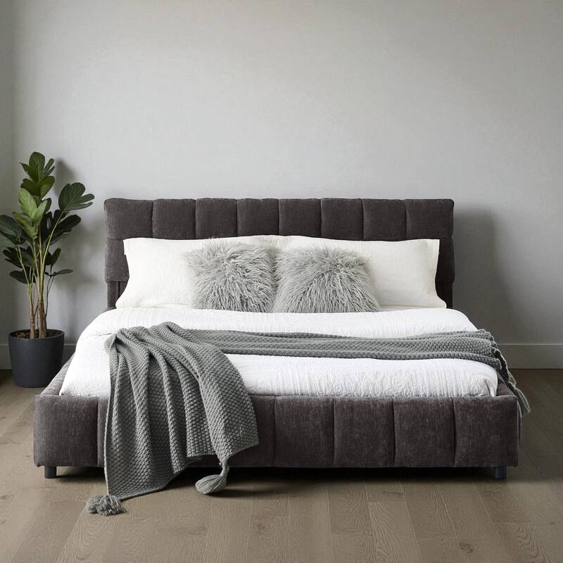 Queen Upholstered Platform Bed with Chenille Fabric, Soft Headboard & Underbed Storage Drawer, Solid Bed Frame