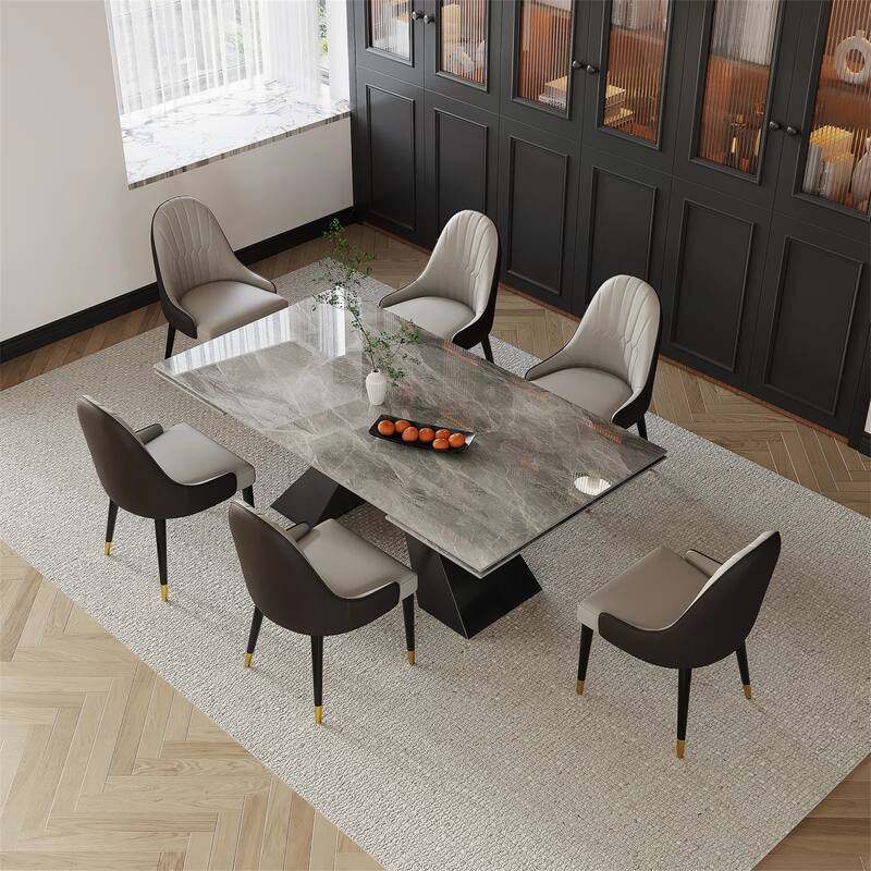 9 - Piece 110.24'' Extendable Sintered Stone Dining Table and 8 Leather Chairs Dining Set