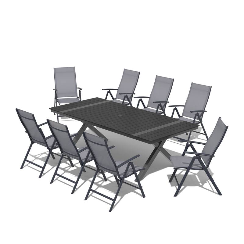9PCS Outdoor Aluminum Rectangular Dining Table with Umbrella Hole and Folding Chairs - Set of 9 - Grey