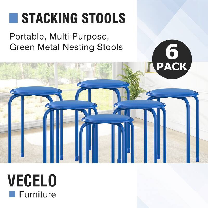 VECELO 6-Pack Stacking Stools for Living Room Backless Round Stools Set Indoor Outdoor Use with Metal Frame & Non-Slip Feet