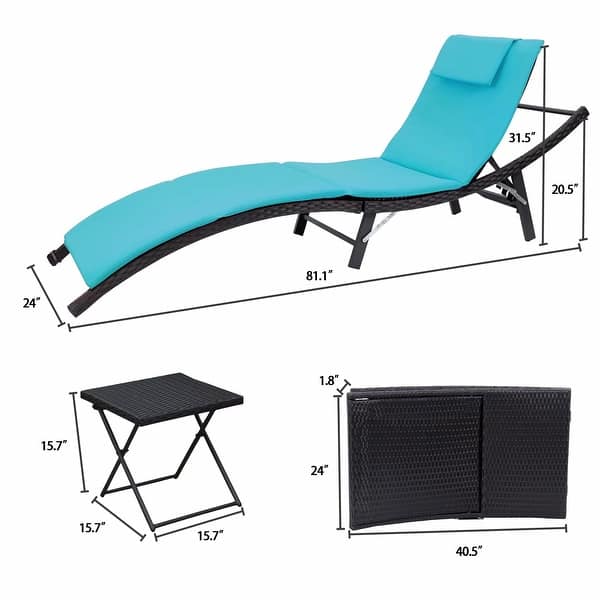 dimension image slide 0 of 3, Homall Patio Chaise Lounge Sets Outdoor Rattan Adjustable Back 3 Pieces Cushioned Patio Folding Chaise Lounge with Folding Table