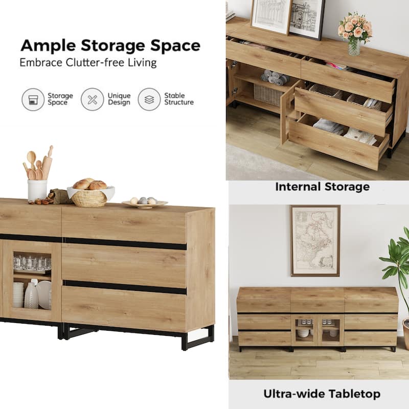 Modern TV Stand for Tvs Up to 100 Inch, 3 In 1 TV Console with Glass Doors and 7 Drawers for Living Room