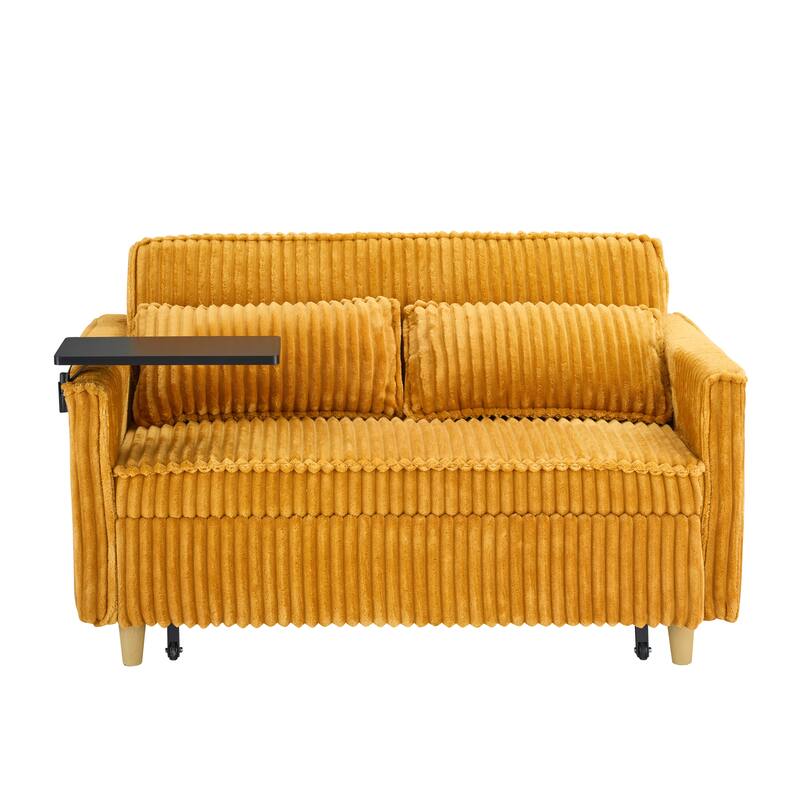 The pull-out and push-in green corduroy sofa with dual functions,equipped with a movable tabletop and USB ports