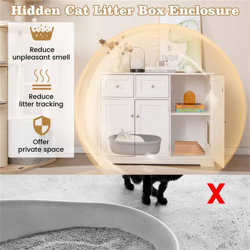 Cat Litter Box Enclosure With 2 Drawers 3 Doors White Wood