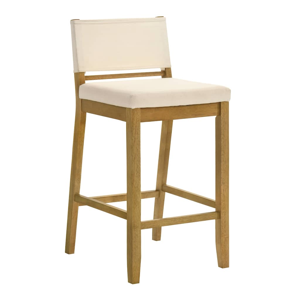 Yaneli Contemporary Natural Wood Bar Stool, Counter Height Kitchen Stool with White Fabric Upholstered Seat