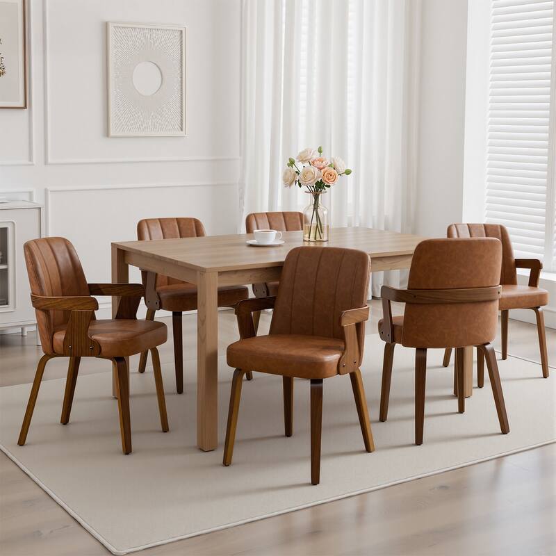 Mid-century Modern Upholstered Dining Chairs Bentwood Side Chairs with Armrests - 34.3"H x 19.9"W x 22.1"D - Set of 6 - Brown