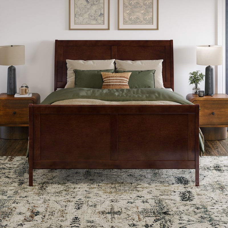 Valencia Solid Wood Low Profile Sleigh Platform Bed with Matching Footboard - Walnut - Full