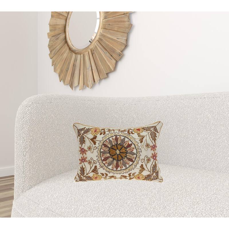 HomeRoots 14" X 20" Beige Zippered 100% Cotton Throw Pillow With Embroidery