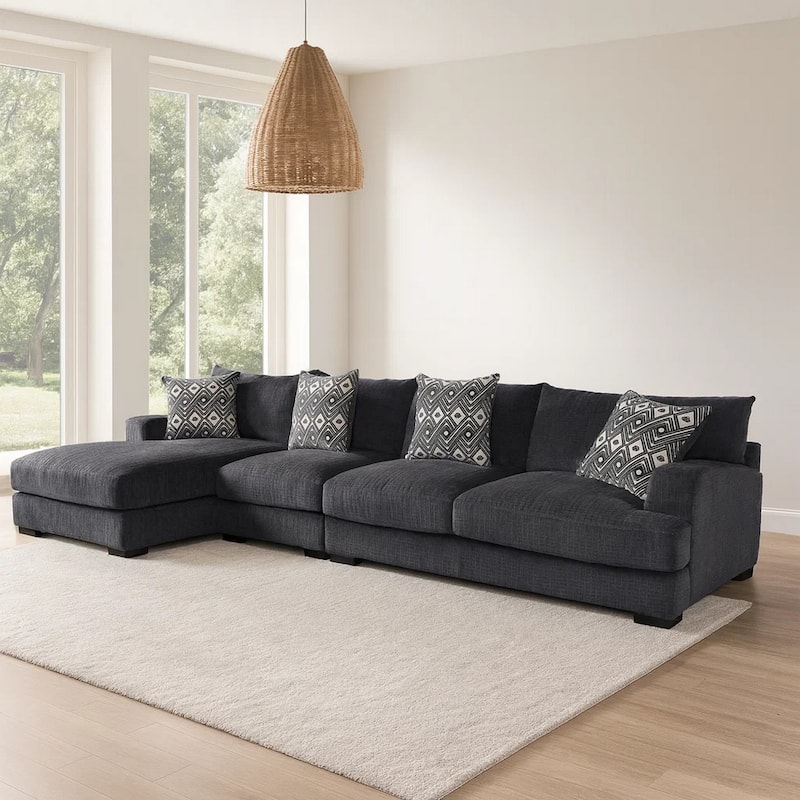 L Shaped Sectional with T Cushioned Seat, Large, Gray