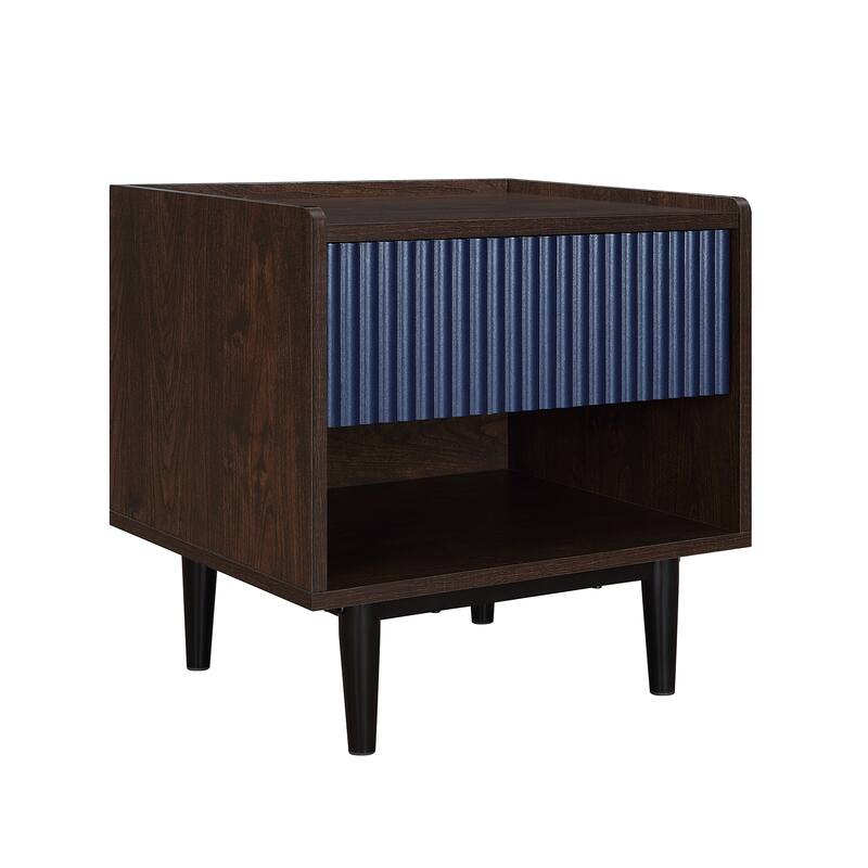 Modern Nightstand with Fluted Design Single Drawer and Open Shelf