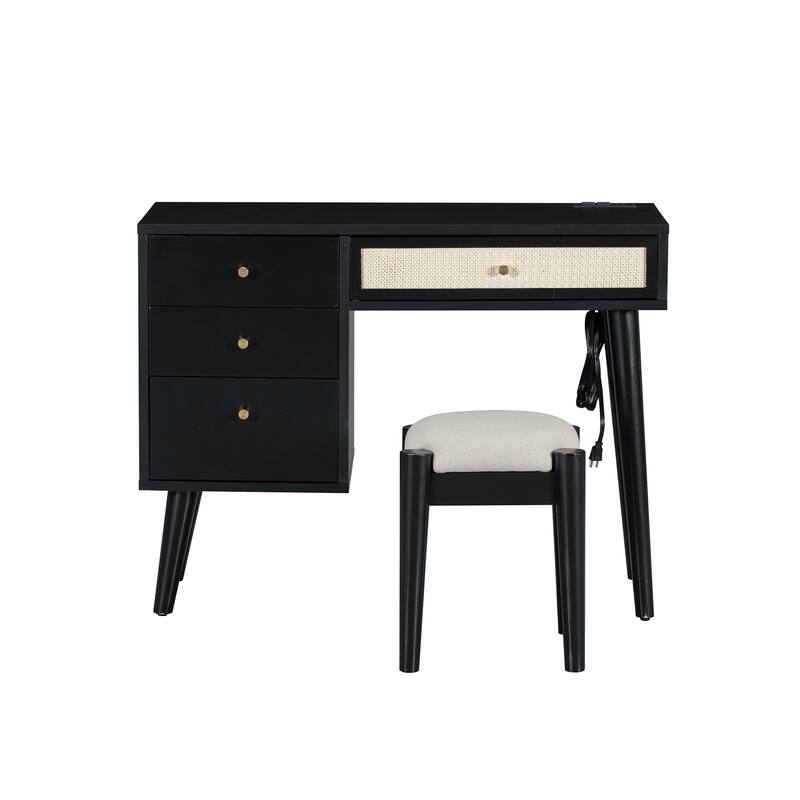Vanity Set with Rattan Drawers, USB Ports & Stool