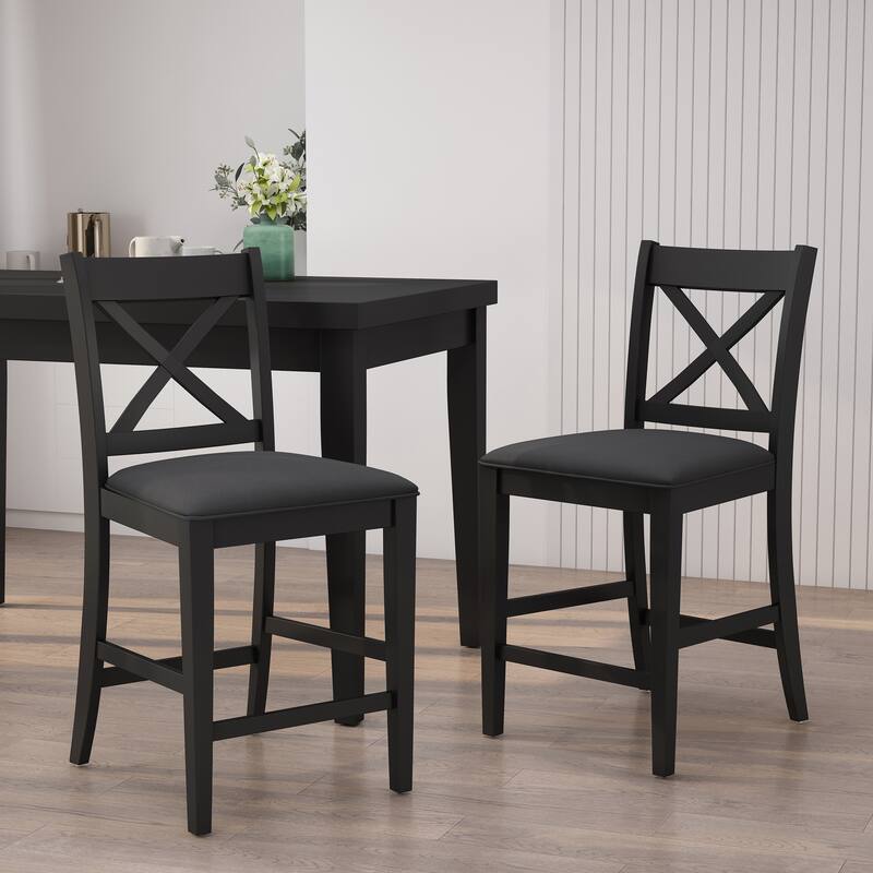 Roomfitters Upholstered Wood Counter Stools with X-Back Design, Comfortable Bar-Height Kitchen Chairs (Set of 2) - Black