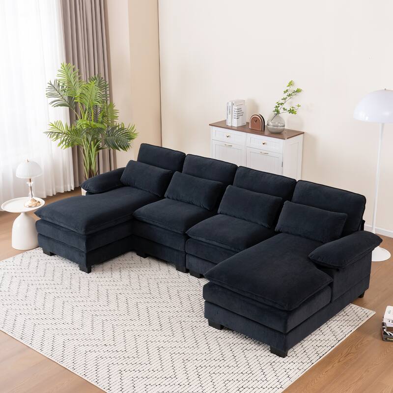 U Shape 111.8"Modern Comfort Combination Sectional Sofa,4-seat Velvet Fabric Upholstered Sofas with Chaise Lounge & Pillows