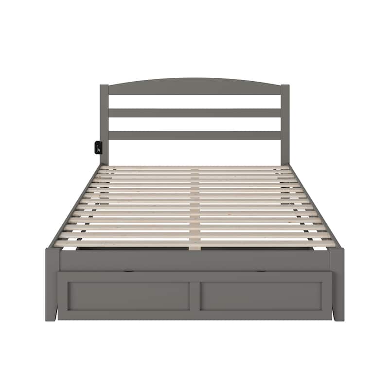 Modern Bed with Storage Drawer - Grey Platform Bed Frame - Wood Slat Support - Charging Station Included