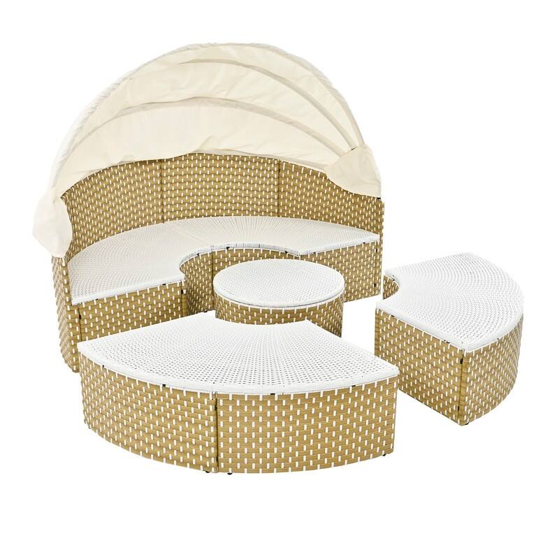 Round Outdoor Daybed Two-Tone Weave Sunbed with Retractable Canopy - Beige