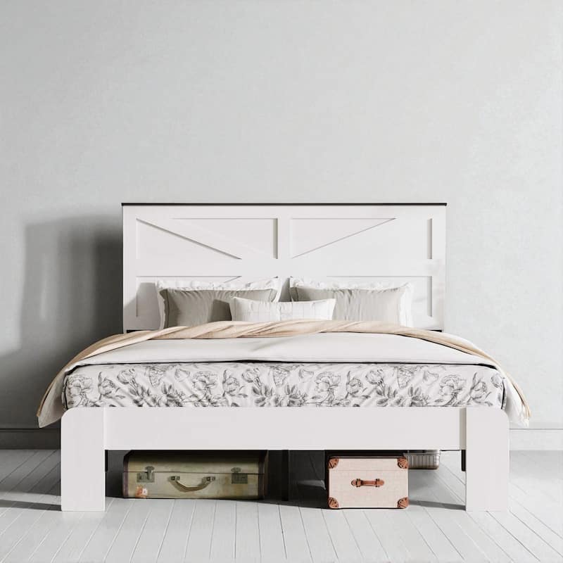 Full/Queen Bed Frame with Wood Headboard and Platform, No Box Spring, Noise Free - White - Full