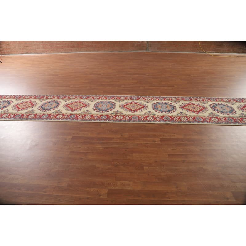 Geometric Beige Kazak Oriental Runner Rug Handmade Wool Carpet - 2'7" x 35'3"