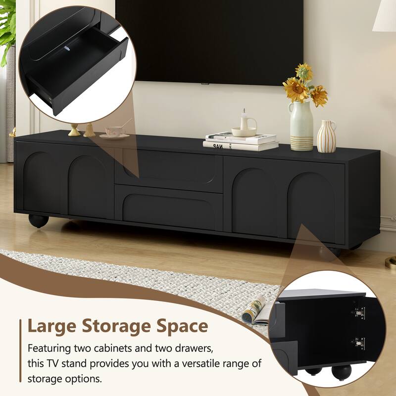 Modern Arched TV Stand for TVs up to 75 Inches with 2 Drawers and Rebound Device, for Living Rooms and Bedrooms, Black