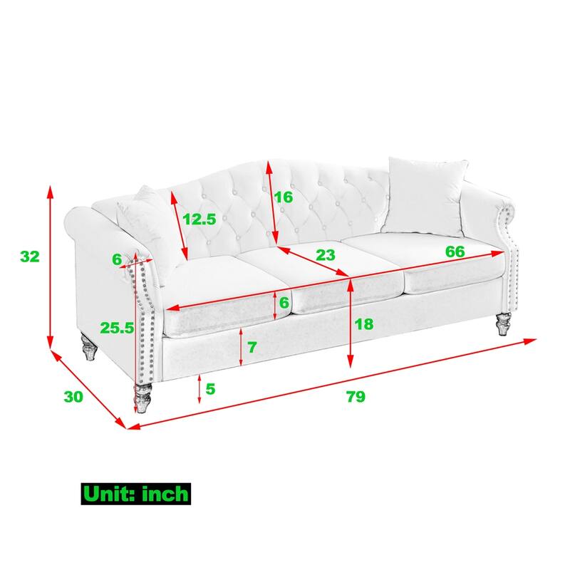 79" Velvet 3 Seater Sofa with Rolled Arms and Two Pillows