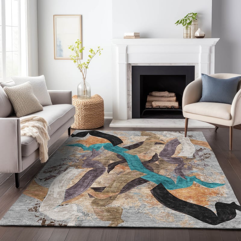 Machine Washable Indoor/Outdoor Contemporary Brushstrokes Chantille Rug