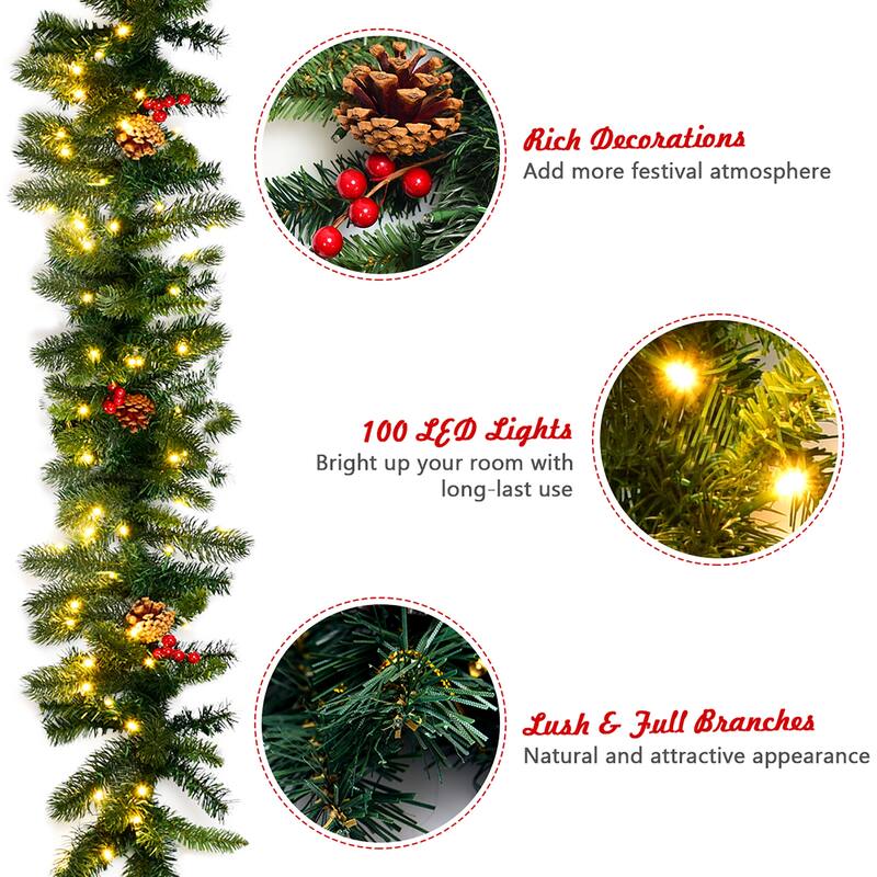 9 FT Pre-lit Christmas Garland Holiday Artificial Decor - Green