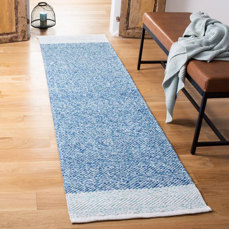 SAFAVIEH Handmade Nantucket Berdi Modern & Contemporary Geometric Cotton - 2' 3" x 8' - Ivory/Blue - Runner