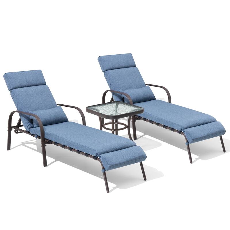 Outdoor Cushioned Chaise Lounge Chairs Adjustable Reclining Sun Lounger with Side Table