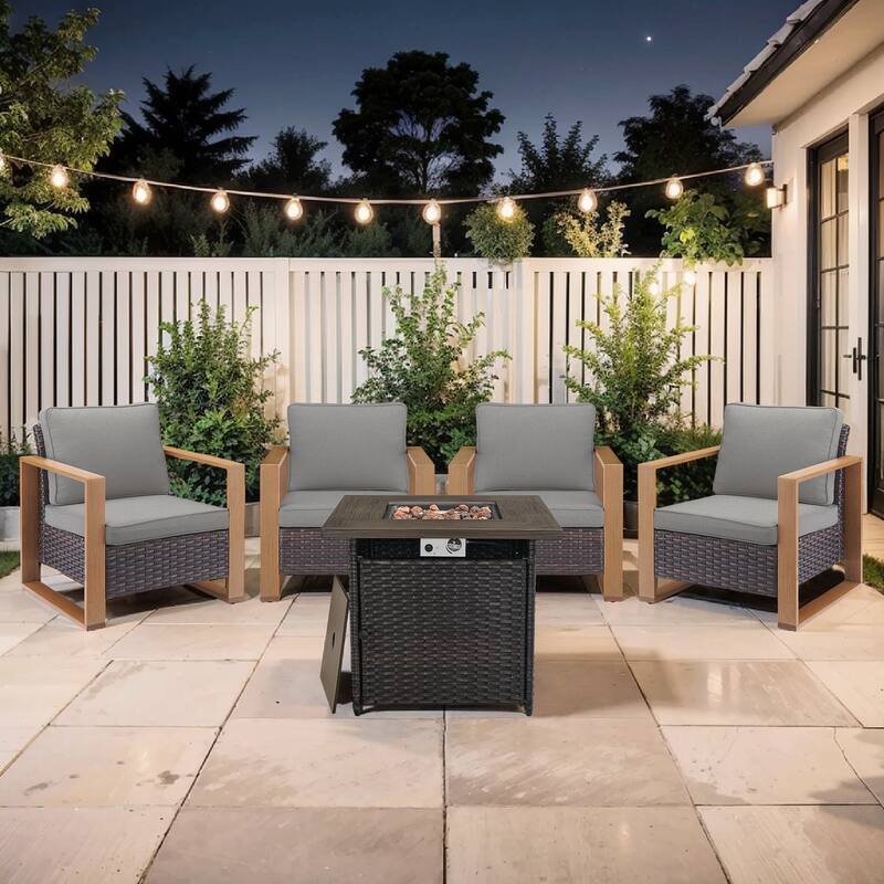 Pocassy Outdoor 30" Fire Pit Table with Sofa Swivel Chair Set - Brown Wicker Gray Cushion - 5-Piece Patio Chair with Suqare Fire Table