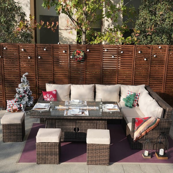 slide 2 of 13, 8-pc. Patio L-shaped Wicker Sofa Set w/ Rectangular Firepit Dining Table Brown