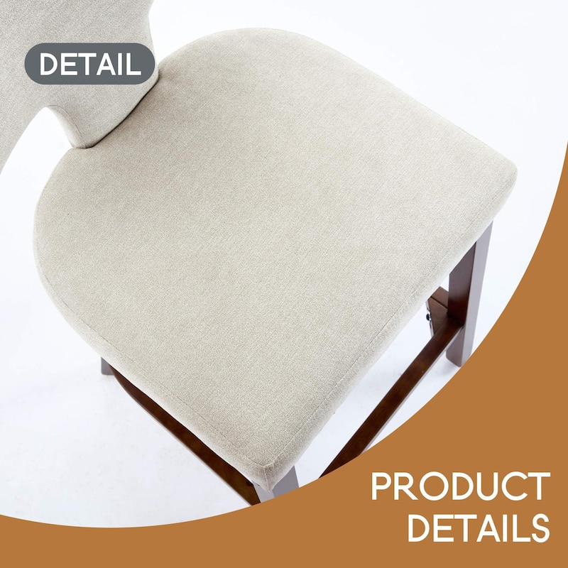 Mid Century Modern Counter Height Bar Stools Set of 2, Farmhouse Linen Fabric Upholstered Accent Chair Curved Backrest