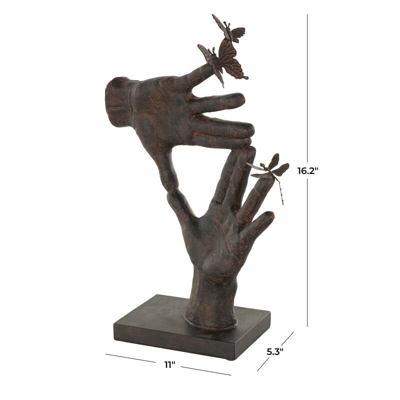 Dark Brown Polystone Sign Hands Decorative Sculpture with Butterrfly Accents