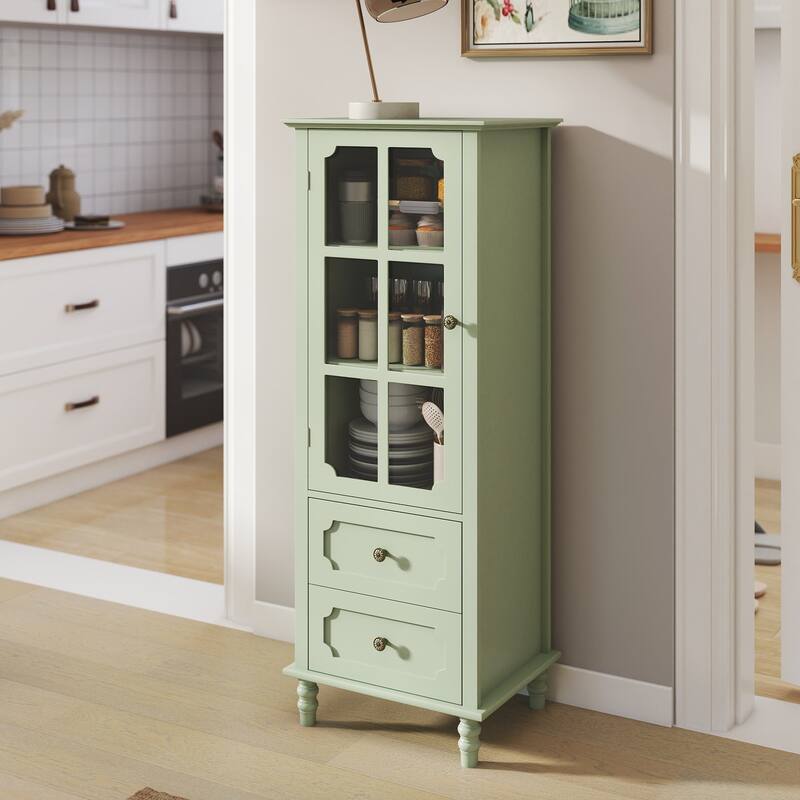 Buffet Cabinet with Glass Doors and Double Drawer, Modern Wooden Storage Sideboard Cupboard for Living room
