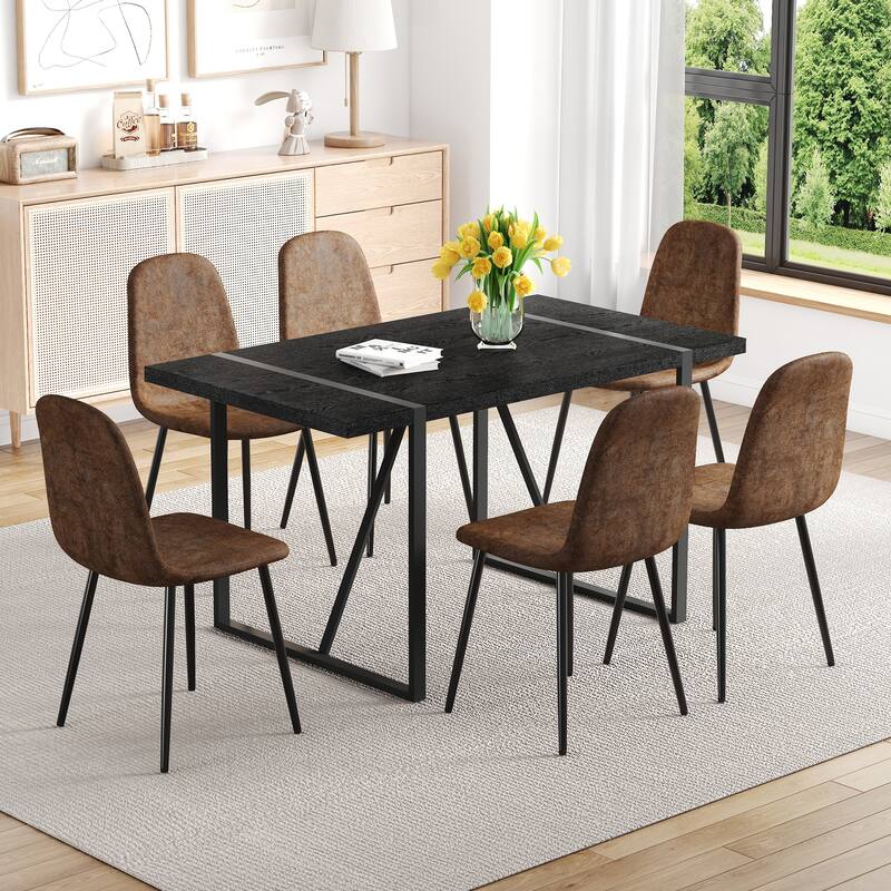 Retro Rectangular Dining Table Set for 6, 55-Inch Wood Table with 6 Linen Dining Chairs for Kitchen & Dining Room - Brown+Black