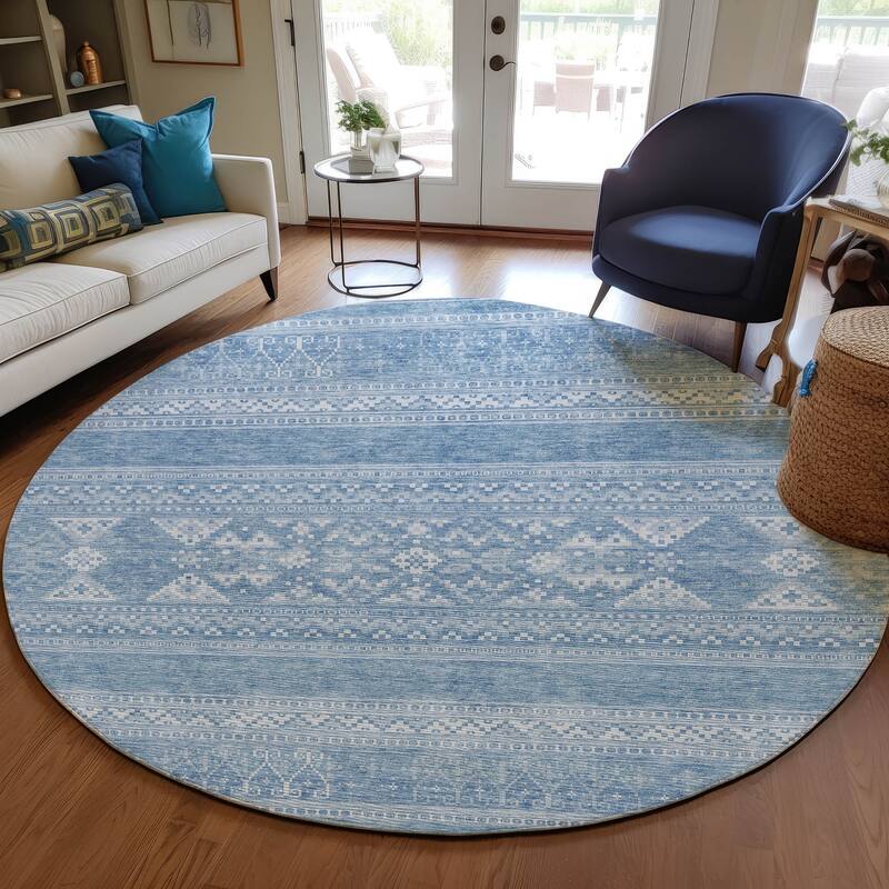 Machine Washable Indoor/ Outdoor Chantille Boho Tribal Rug - Sky - 8' x 8'