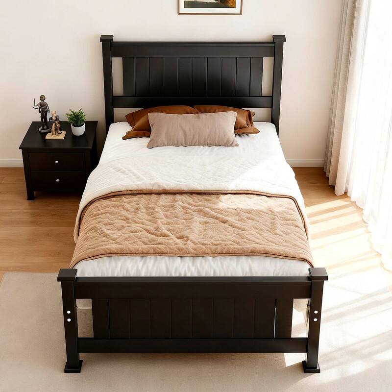 Twin Size Black Wood Platform Bed Frame with Headboard,Under Bed Storage Space,No Box Spring Needed,Heavy duty