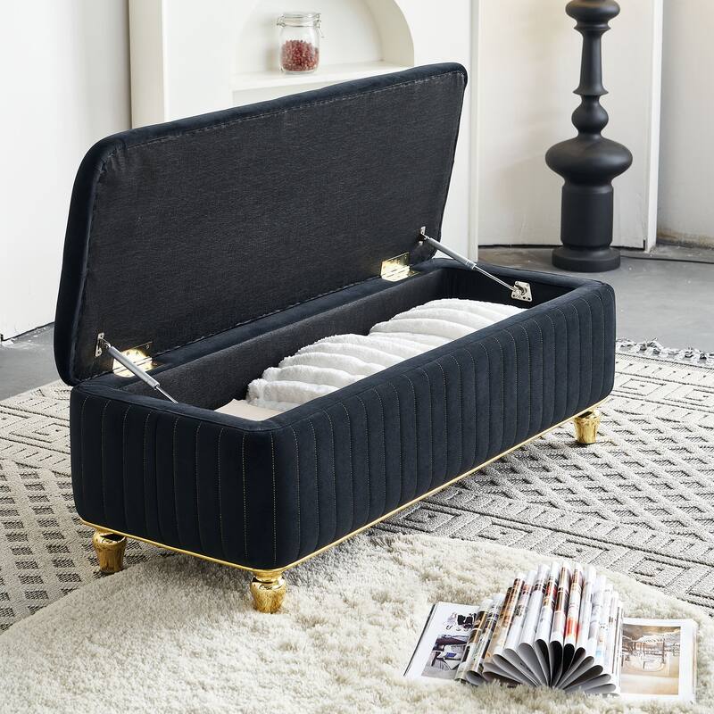 Storage Bench Ottoman Bench with Safety Hinge, Black Footstool End of Bed Bench Vanity Bench Lounge Bench