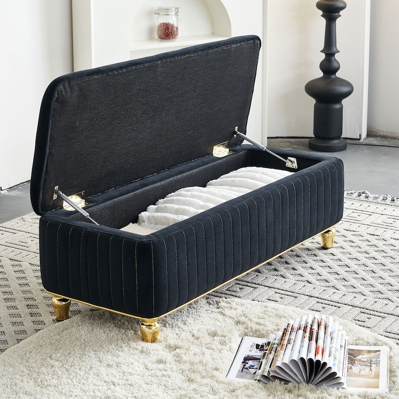 Upholstered Velvet Fabric Storage Ottoman with Safety Hinge