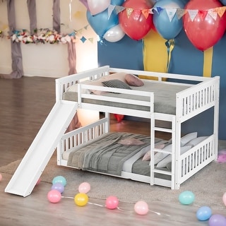 Full over Full Multiple Functional Bunk Bed with Slide and Ladder in White Color ,Modern & Clean Design,No Box Spring Needed