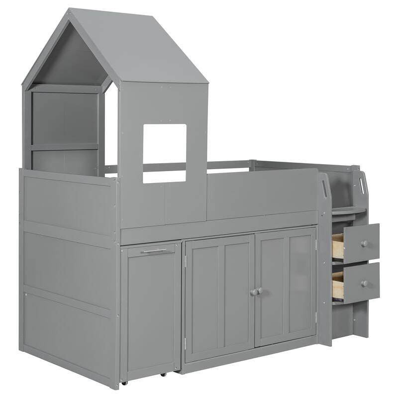 Twin Wood Loft Bed with Desk, Drawers & Cabinets, Space-Saving Design