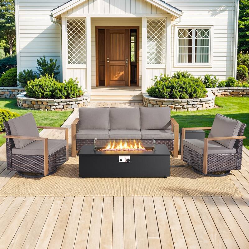Pocassy 43 In Fire Pit w/ Outdoor Sofa Swivel Chair Ottoman Set - Brown Wicker Gray Cushion - 4PCS Fire Table w/ 4-In Cushion Sofa Swivel Chair