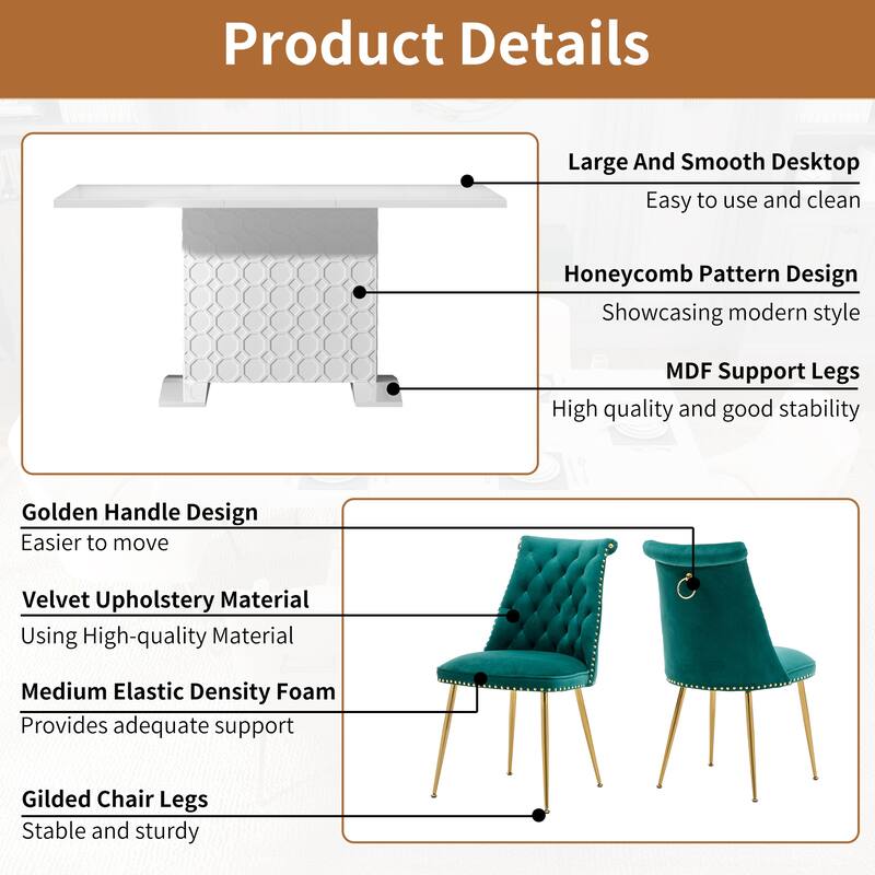 7-Piece Clihome High-gloss Extendable Table Velvet Chair Dining Set