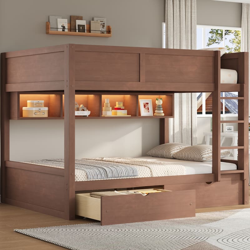 Wooden Full XL Over Full XL Bunk Bed with Storage Cabinets Built-in LED Lighting and 2 Pull-out Storage Drawers
