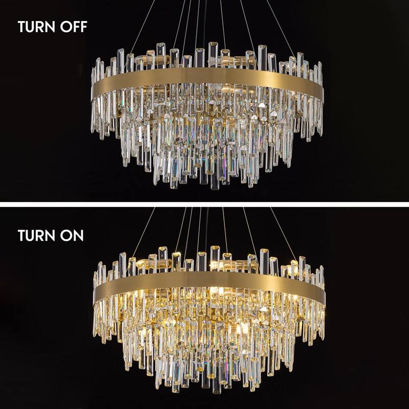 32 in. 4-Tier Modern Crystal Chandelier Brass Gold Round Crystal Raindrop Chandelier Contemporary Pendant Light for Dining Room