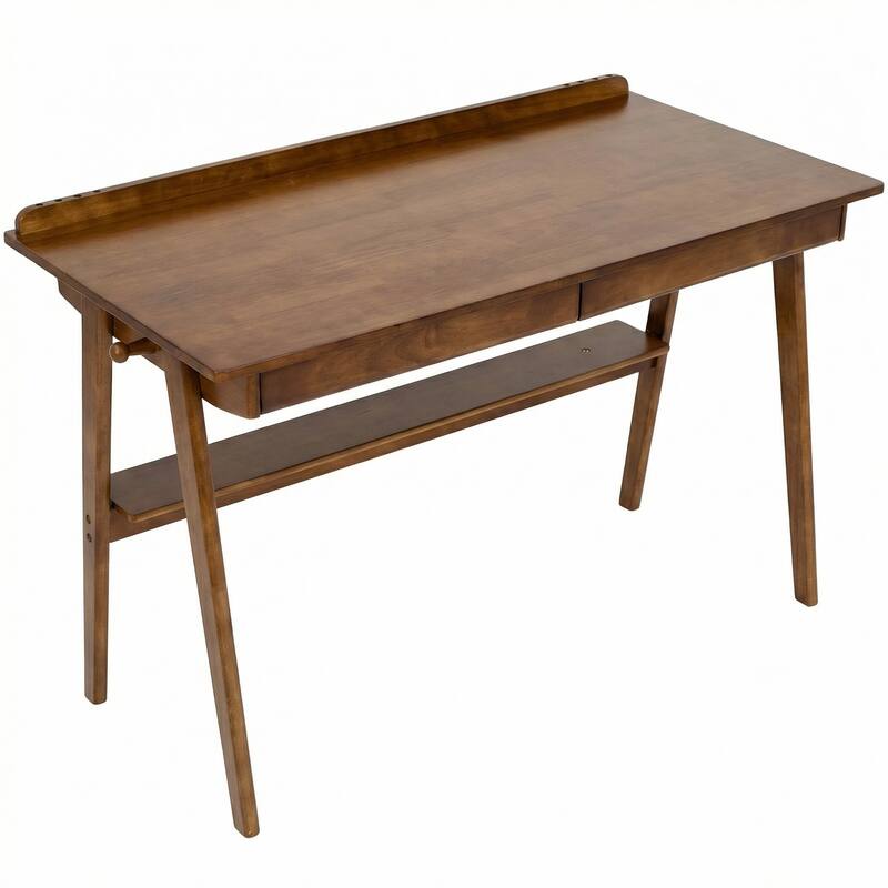 Solid Wood Writing Desk, Home Office Desk for Small Spaces, Mid Century Modern Desks with 2 Drawers & Storage Shelf