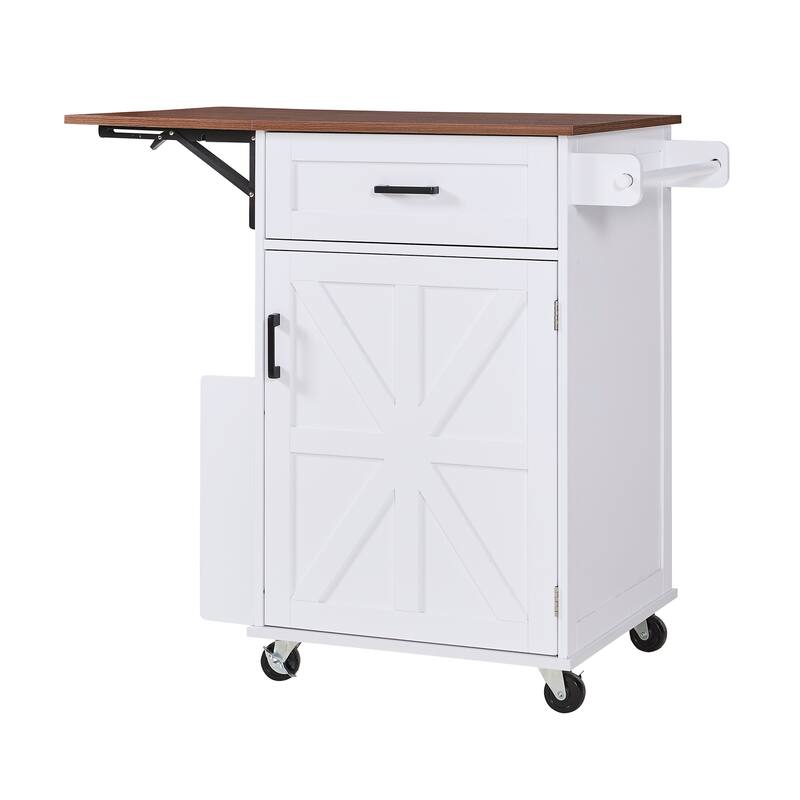 39.3" Kitchen Island with Drop Leaf, Kitchen Storage Island with Open Side Rack, One Drawer, Towel Rack, with Lockable Wheels