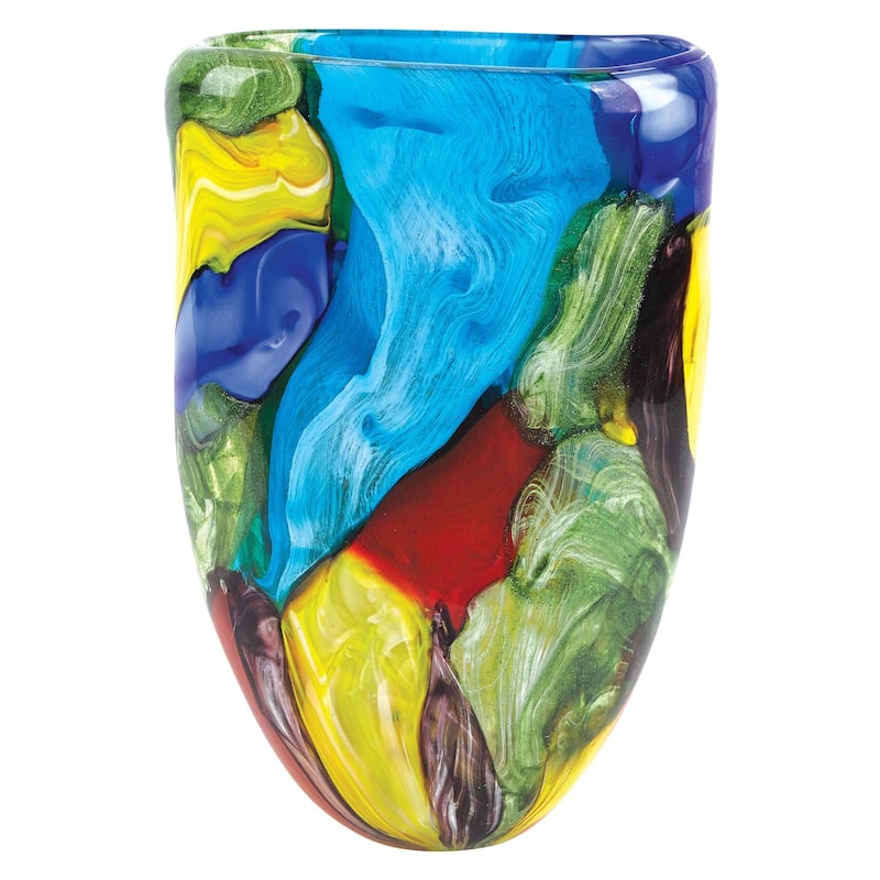 HomeRoots 11" Blue Green Red And Yellow Cylinder Murano Glass Table Vase
