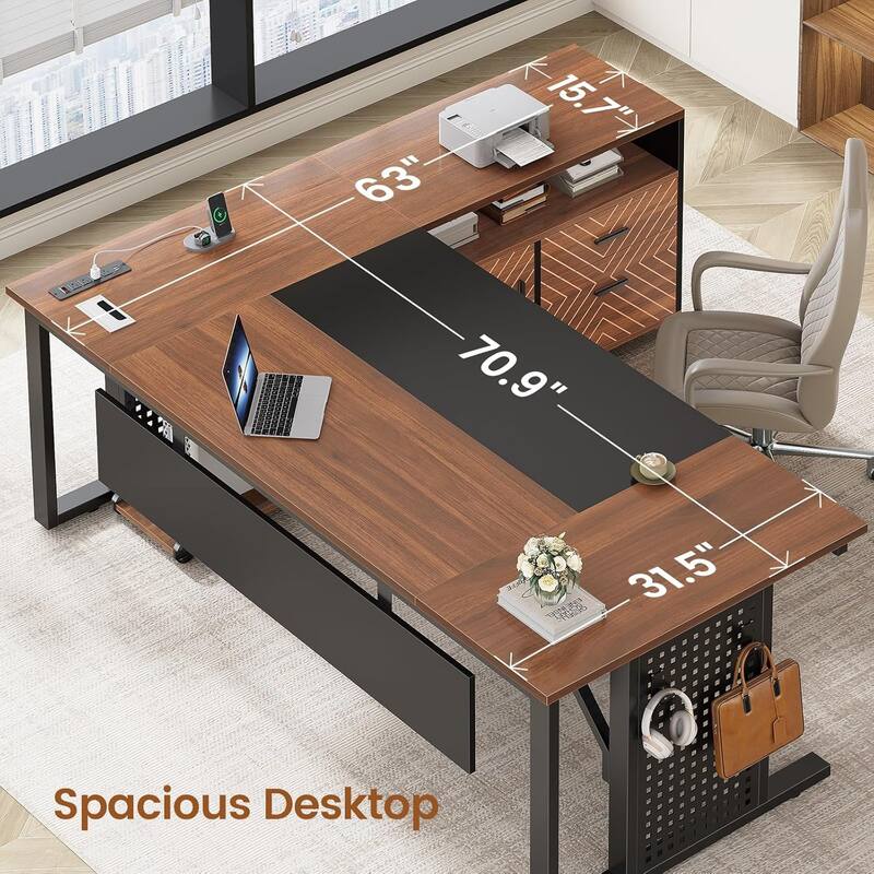71" Executive Desk File Cabinet L Shaped Computer Desk Shelves