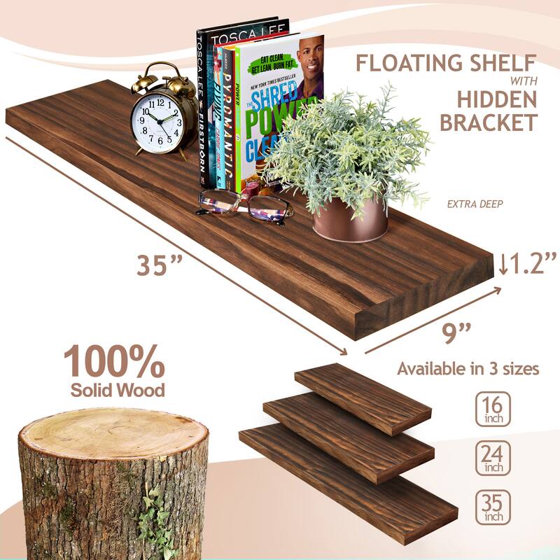 Solid Wood Floating Shelves for Wall - Long Wooden Wall-Mounted Shelves - 9” L X 35"W X 1.2” H