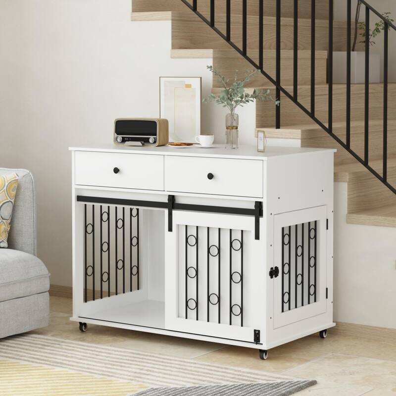 Wooden Dog Crate with Lockable Wheels, 2 Drawers & Sliding Barn Door, Decorative Pet Kennel End Table for Small to Medium Dogs